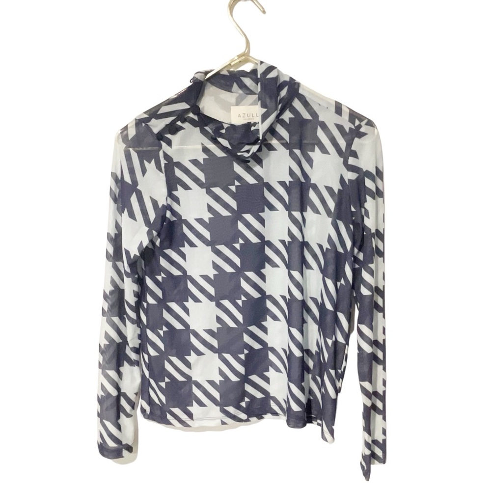 Azulu Size XS Grey Printed Sheer Button Neck Long‎ Sleeve Top